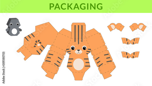 Party favor die cut tiger box for birthdays, baby showers for sweets, candies, small presents, bakery. Retail box blueprint template design. Print, cutout, fold, glue. Vector stock illustration.