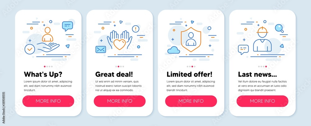Set of People icons, such as Security, Recruitment, Hold heart symbols. Mobile screen mockup banners. Engineer line icons. Private protection, Hr, Care love. Worker profile. Security icons. Vector