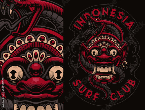 A colorful vector illustration of a Bali mask with a snake. Thi design can be used as a shirt print or as a logotype.