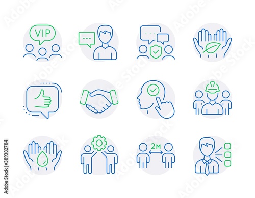 People icons set. Included icon as Vip clients, Like, Employees teamwork signs. Safe water, Social distancing, Security agency symbols. Handshake, Select user, Fair trade. Person talk. Vector