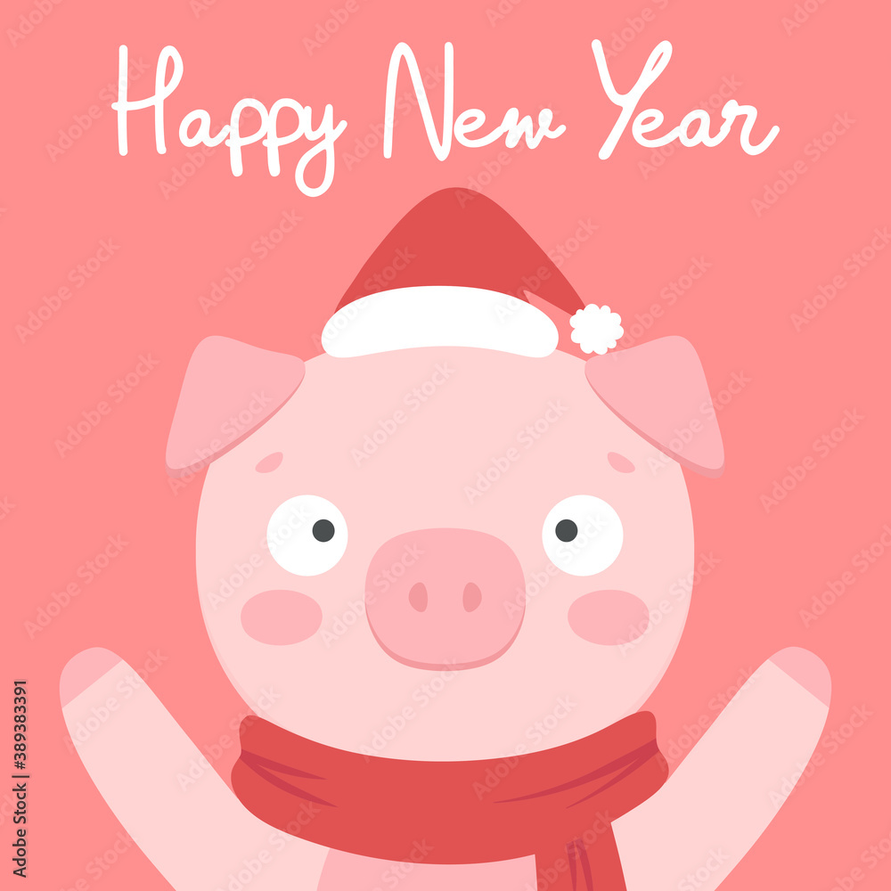 Cute pig card, merry christmas lettering quote. new year card, hand drawn cartoon background. Vector illustration. Cute pig card, merry christmas lettering quote. new year card, hand drawn cartoon background. Vector illustration.