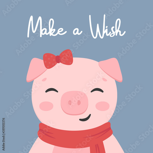 Cute pig card, merry christmas lettering quote. new year card, hand drawn cartoon background. Vector illustration.
