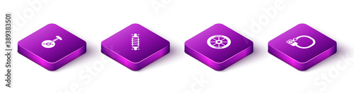Set Isometric Unicycle or one wheel bicycle, Bicycle suspension, and lock icon. Vector.
