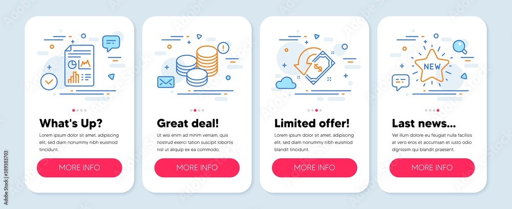Set of Finance icons, such as Tips, Report document, Cashback symbols. Mobile app mockup banners. New star line icons. Cash coins, Growth chart, Receive money. Shopping. Tips icons. Vector