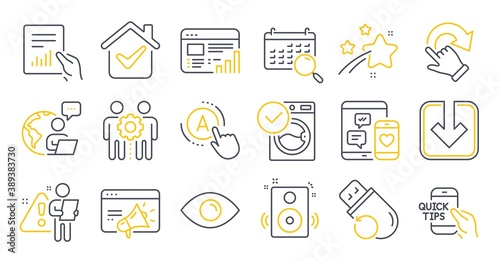 Set of Technology icons, such as Document, Employees teamwork, Ab testing symbols. Washing machine, Rotation gesture, Seo marketing signs. Search calendar, Web report, Eye. Speakers. Vector