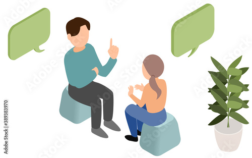 対面して会話をする男女　アイソメトリック