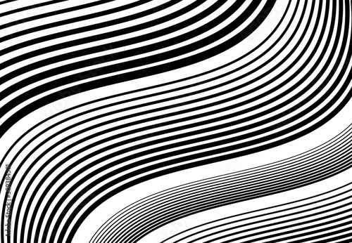 Wavy, waving and undulating, billowy diagonal, skew, tilt and oblique lines, stripes abstract black and white, monochrome design element, background, pattern and texture