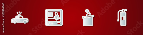 Set Police car and flasher, Television report, Stage stand tribune and Fire extinguisher icon. Vector.