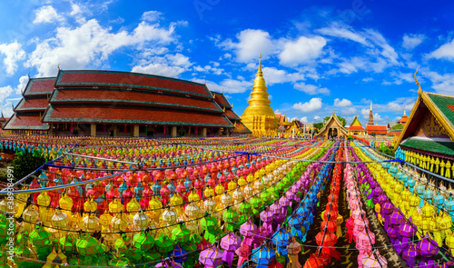 panorama beautiful Color Lamp Loy Krathong at Wat Phra That Haripunchai Lamphun Thailand.. © nopporn