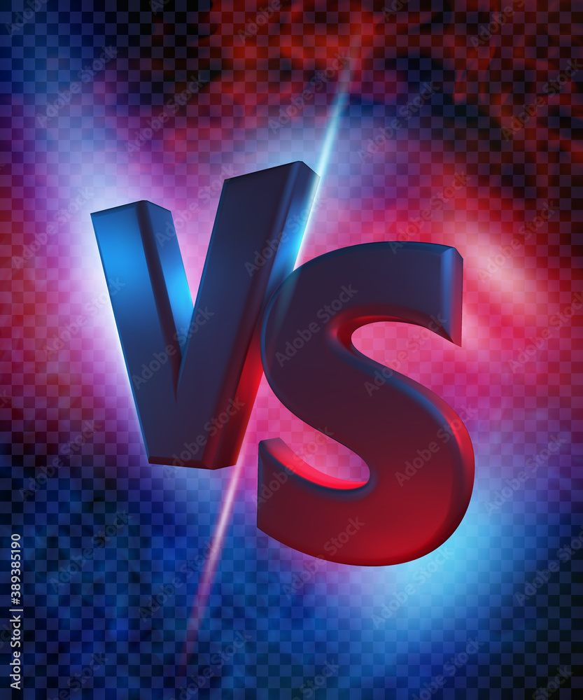 Vecteur Stock Neon versus logo, vs letters for sports and fight  competition. Battle vs match, game concept competitive. Resistance symbol.  Collision of two forces, flash, lightning, against a dark, foggy background
