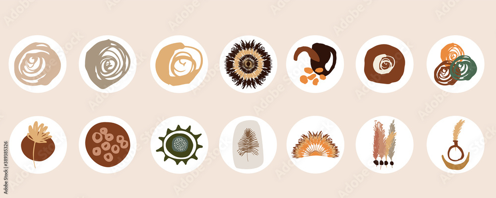 Set of various abstract cover highlights for social networks. Round modern icons. Bohemian design. Vector set of decorative elements in the boho style. Vases, plants, spots in warm shades Set of various abstract cover highlights for social networks. Round modern icons. Bohemian design. Vector set of decorative elements in the boho style. Vases, plants, spots in warm shades