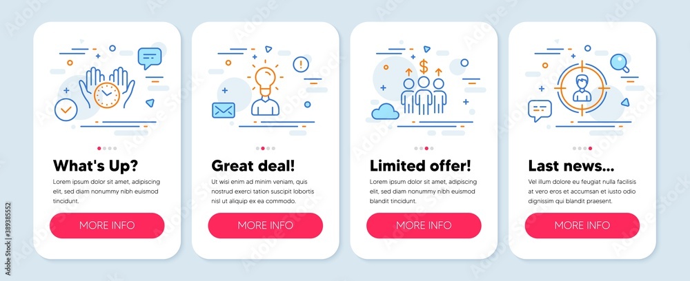Set of People icons, such as Meeting, Education, Safe time symbols. Mobile screen app banners. Headhunting line icons. Business collaboration, Human idea, Hold clock. Person in target. Vector