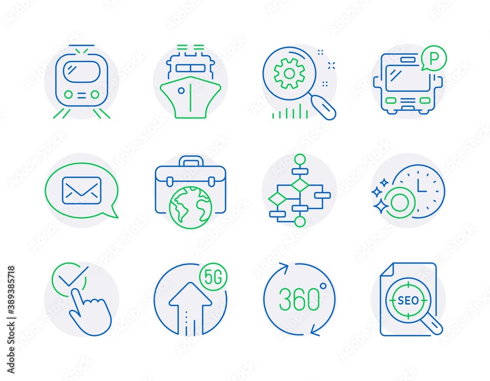 Technology icons set. Included icon as 5g upload, Bus parking, Messenger signs. 360 degrees, Ship, Checkbox symbols. Search statistics, Train, Businessman case. Block diagram, Seo file. Vector Technology icons set. Included icon as 5g upload, Bus parking, Messenger signs. 360 degrees, Ship, Checkbox symbols. Search statistics, Train, Businessman case. Block diagram, Seo file. Vector