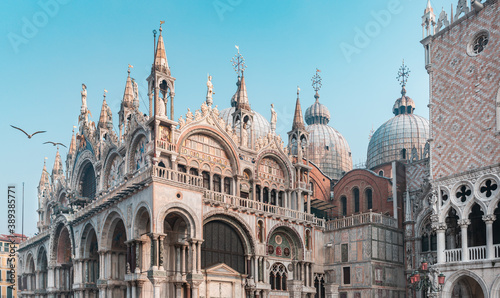San Marco (sestiere di Venezia) - facade with mosaics and two seagulls flying on a blue sky - Venice, Italy © VladAndrei