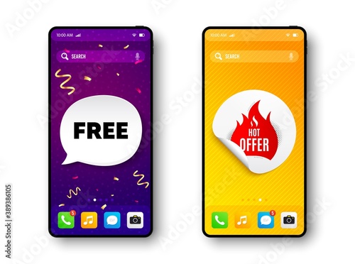 Hot offer banner. Phone mockup vector confetti banner. Discount sticker shape. Coupon tag icon. Social story post template. Free speech buuble. Cell phone frame banner. Vector