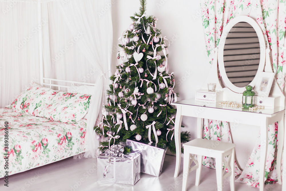 Christmas and New Year holiday decorated room collage - bed, table, chair, mirror, tree with gifts and toys