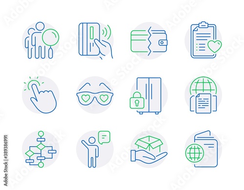 Business icons set. Included icon as Internet documents, Refrigerator, Love glasses signs. Hold box, Block diagram, Payment methods symbols. Contactless payment, Touchpoint, Search people. Vector