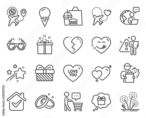 Holidays icons set. Included icon as Ice cream, Special offer, Fireworks signs. Sunglasses, Gift, Love you symbols. Broken heart, Gift dream, Honeymoon travel. Yummy smile, Male female. Vector