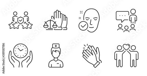 Health skin, Security agency and Court jury line icons set. Clapping hands, Safe time and People chatting signs. Friends couple, Doctor symbols. Clean face, Body guards, Justice voting. Vector