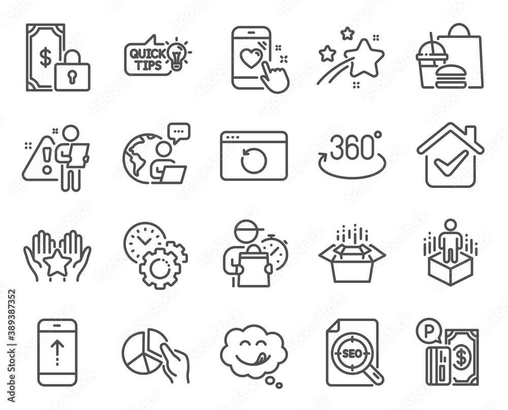 Technology icons set. Included icon as Swipe up, Ranking, Augmented reality signs. Parking payment, Packing boxes, Full rotation symbols. Education idea, Seo file, Heart rating. Pie chart. Vector