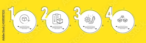 Engineering, Parcel checklist and Return package line icons set. Timeline process infograph. Parcel shipping sign. Construction, Logistics check, Exchange goods. Send box. Industrial set. Vector
