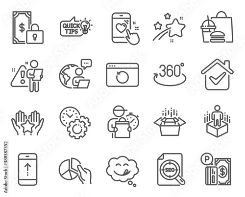 Technology icons set. Included icon as Swipe up  Ranking  Augmented reality signs. Parking payment  Packing boxes  Full rotation symbols. Education idea  Seo file  Heart rating. Pie chart. Vector