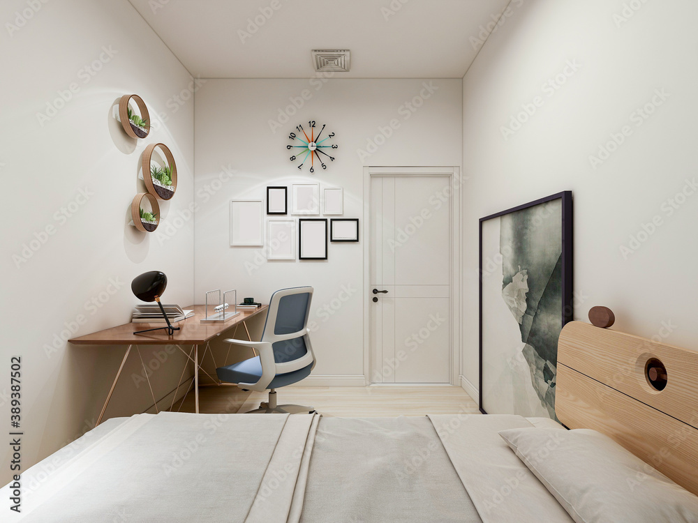 Modern design of the bedroom, there are large bed, dressing table and other facilities Stock ...