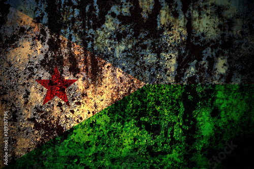 Djibouti, Djiboutian flag on grunge metal background texture with scratches and cracks