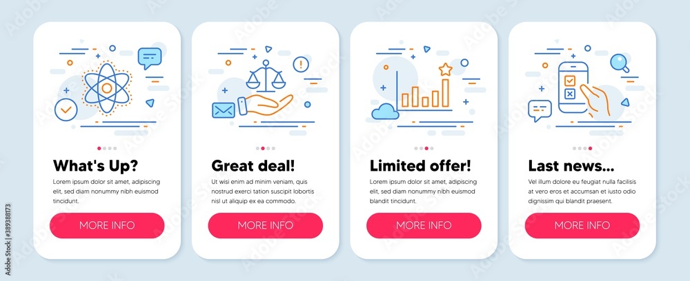 Set of Education icons, such as Efficacy, Chemistry atom, Justice scales symbols. Mobile screen app banners. Mobile survey line icons. Business chart, Laboratory molecule, Judgement. Vector