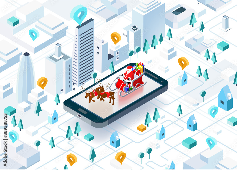 Santa Claus with sleigh full of presents and Reindeer righting in the City. Christmas is coming to town. Isometric illustration