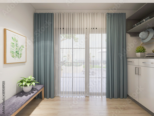 The sunny balcony has tables, chairs, green plants and so on. The sunlight comes in, which is very leisurely and comfortable