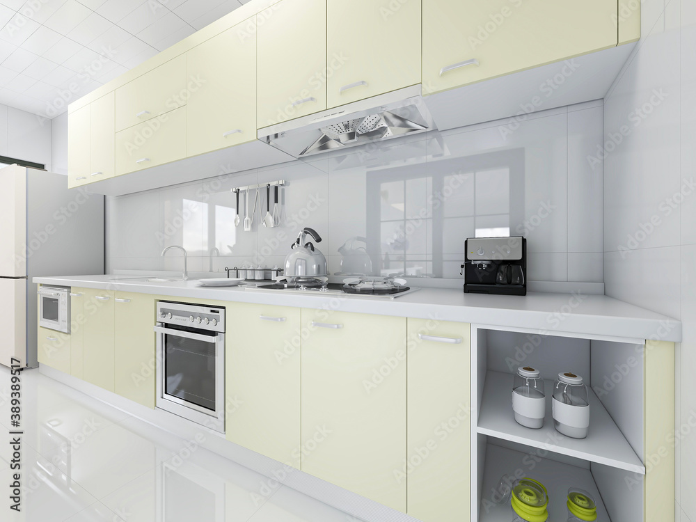 Spacious and beautiful kitchen, there are kitchenware, stove, refrigerator and other equipment Spacious and beautiful kitchen, there are kitchenware, stove, refrigerator and other equipment