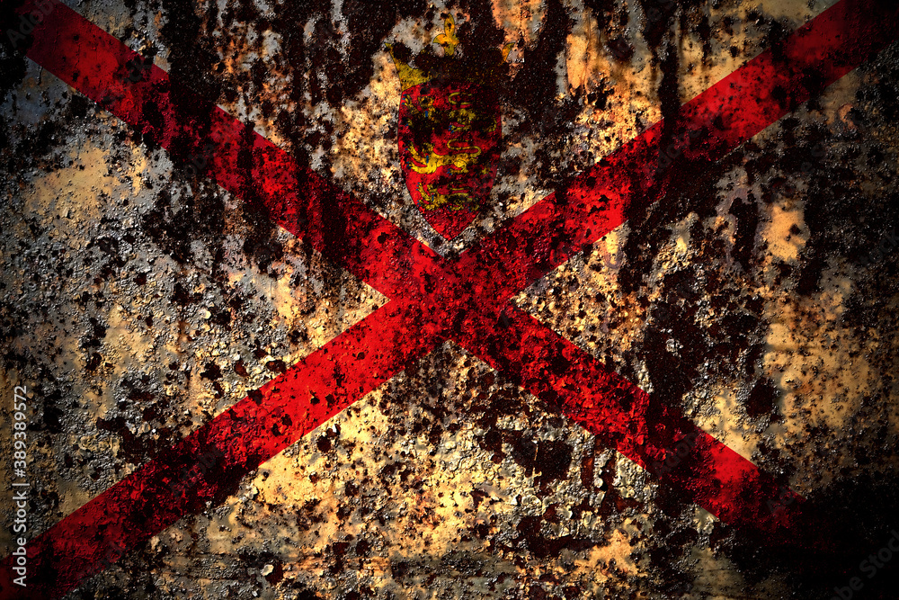 United Kingdom, Great Britain, British, Jersey flag on grunge metal background texture with scratches and cracks United Kingdom, Great Britain, British, Jersey flag on grunge metal background texture with scratches and cracks