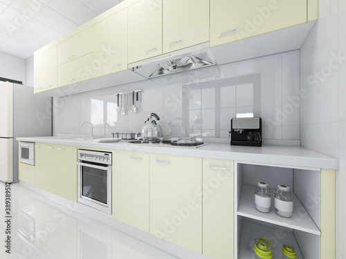 Spacious and beautiful kitchen, there are kitchenware, stove, refrigerator and other equipment