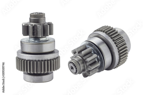 Gear bendix drive of car starter motor isolated on white background