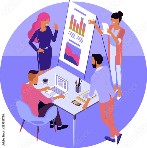 Business, workflow management and teamork. Young people work in a team and interact with graphs in modern office. Flat design vector isometric concept for landing page and mobile app.