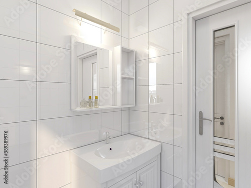 The bathroom is clean and tidy with bath room, dressing table, etc