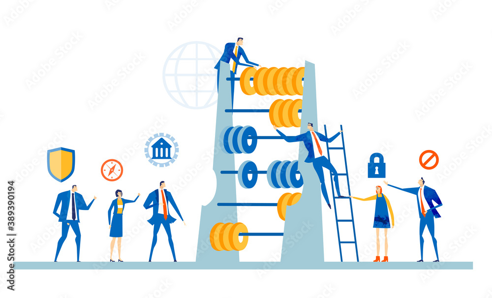 Team of successful business people, bankers working with abacus, calculating profit, expenses, discussing financial strategy for the future. Business concept illustration 