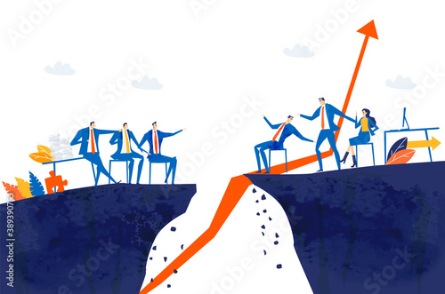 Two groups of business people sit on opposite sides of canyon and having a meeting. Business people trying to find solution, agreement. Business concept illustration 