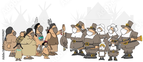 Obraz na plátně Pilgrims and native Americans meeting for the first Thanksgiving and wearing fac