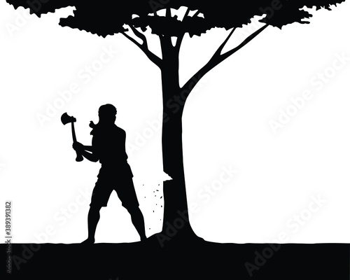 Lumberman with ax for tree cutting silhouette vector