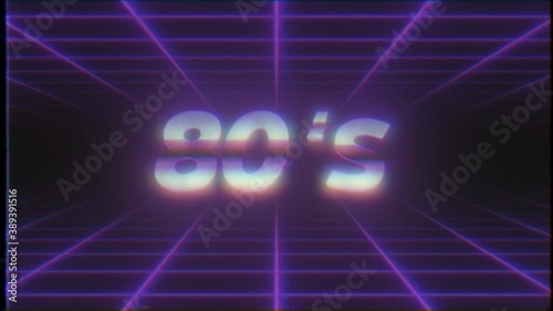 Retro wave style background. 80’s sign with glitch flickering effect. VHS tape noise texture. Dynamic wireframe grid or tunnel motion. Cyberspace. Synthwave, vaporwave. Retro, vintage animation in 4K
