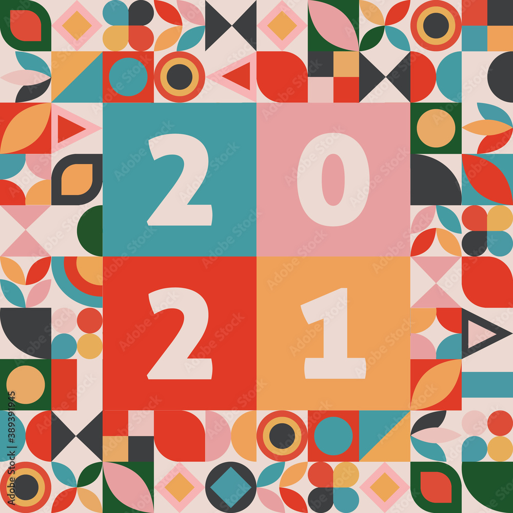 Happy new year 2021 banner in abstract geometric shape design. 2021 lettering in colorful cubisme art. Trendy bauhaus 2021 typography. Happy new year card in memphis style.