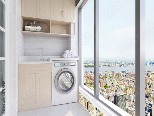The balcony of modern design has washing machine and other places to wash clothes