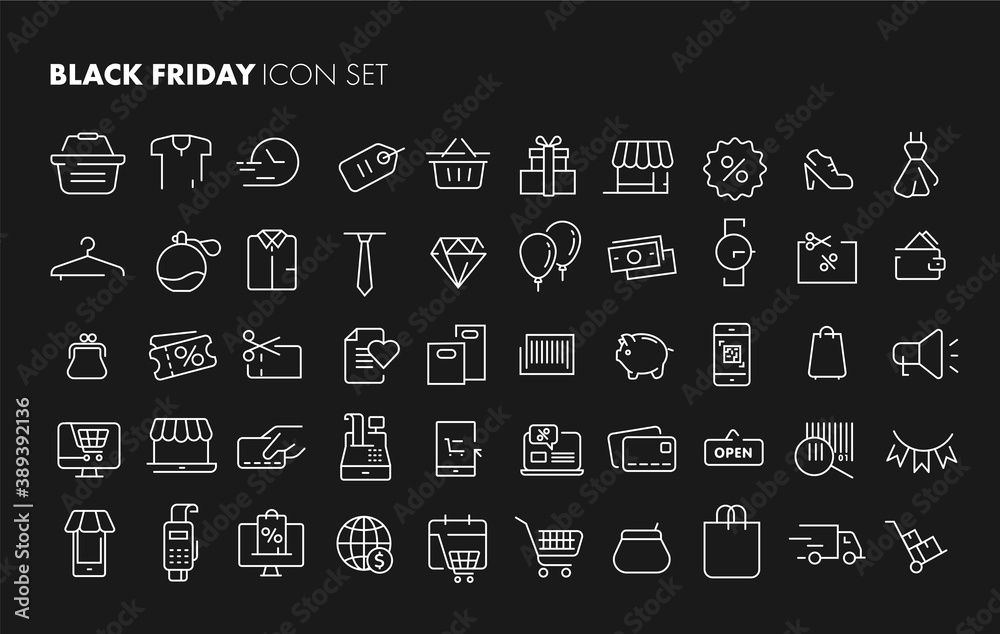 Black friday icon set. Sale, shipping, money, icon, vector, sign,  discount, buy, price, symbol. 