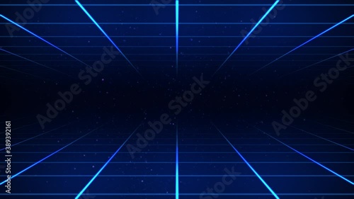 Abstract sci-fi grid or wireframe net footage. Dynamic blinking and moving stars on the background. Bright glowing neon lights. Hight technology. Blue colors. Space. Retro wave synthwave 4K animation