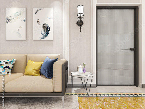 There are cloth sofa and table in the clean living room