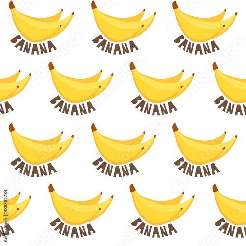 Fresh bananas, english text, background. Overlapping backdrop. Colorful wallpaper vector. Seamless pattern with fruits. Decorative illustration, good for printing