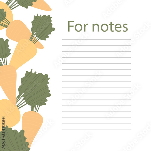 Cookbook page vector template. A place to write recipes. Vector illustration. Carrot theme