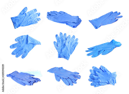 Set of medical gloves on white background